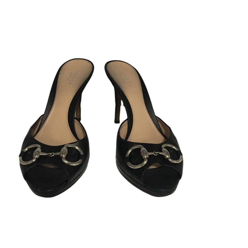 Gucci: Black leather New Hollywood horsebit slides. Size 38/US 8 . Pre-owned - Picture 3 of 11